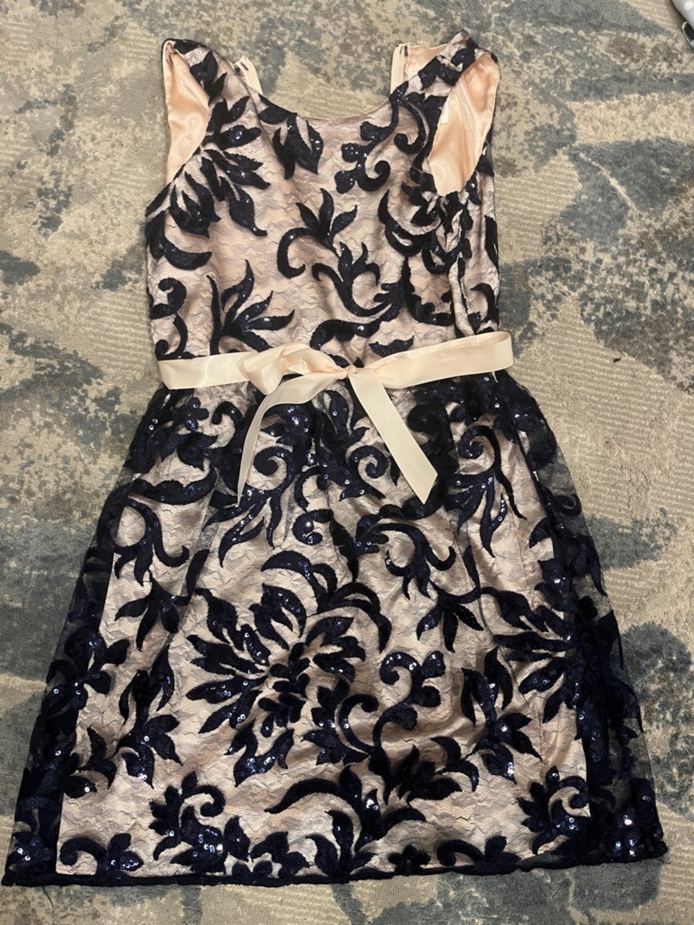 Rare Editions Ivory/Peach Dress with Navy Sequin Floral Overlay and Satin Bow